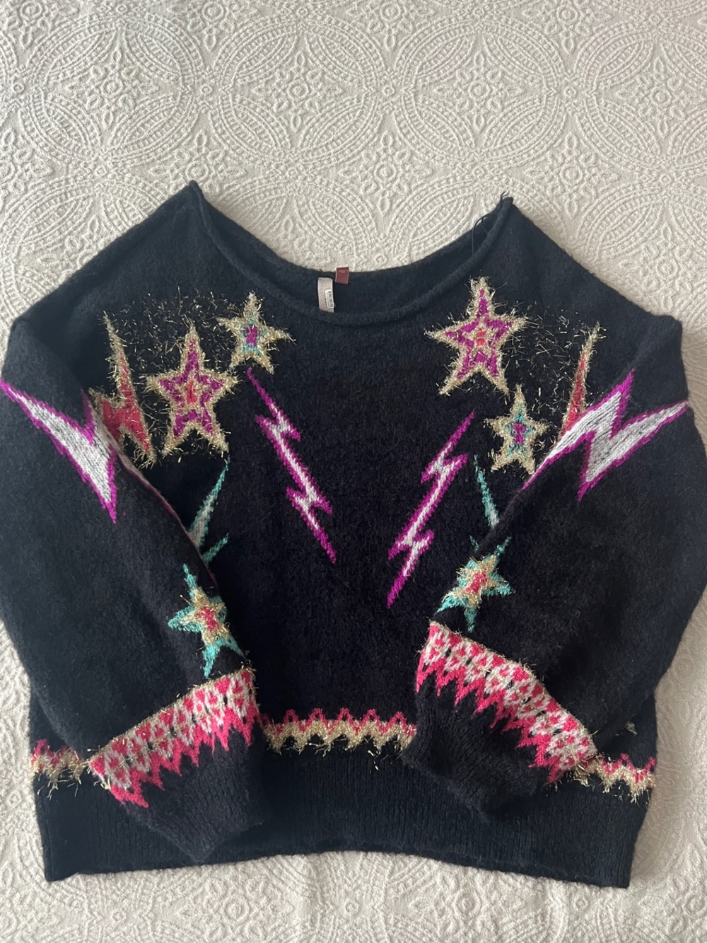 Anthropologie Black Off-the-Shoulder Knit Sweater with Pink & Teal Accents
